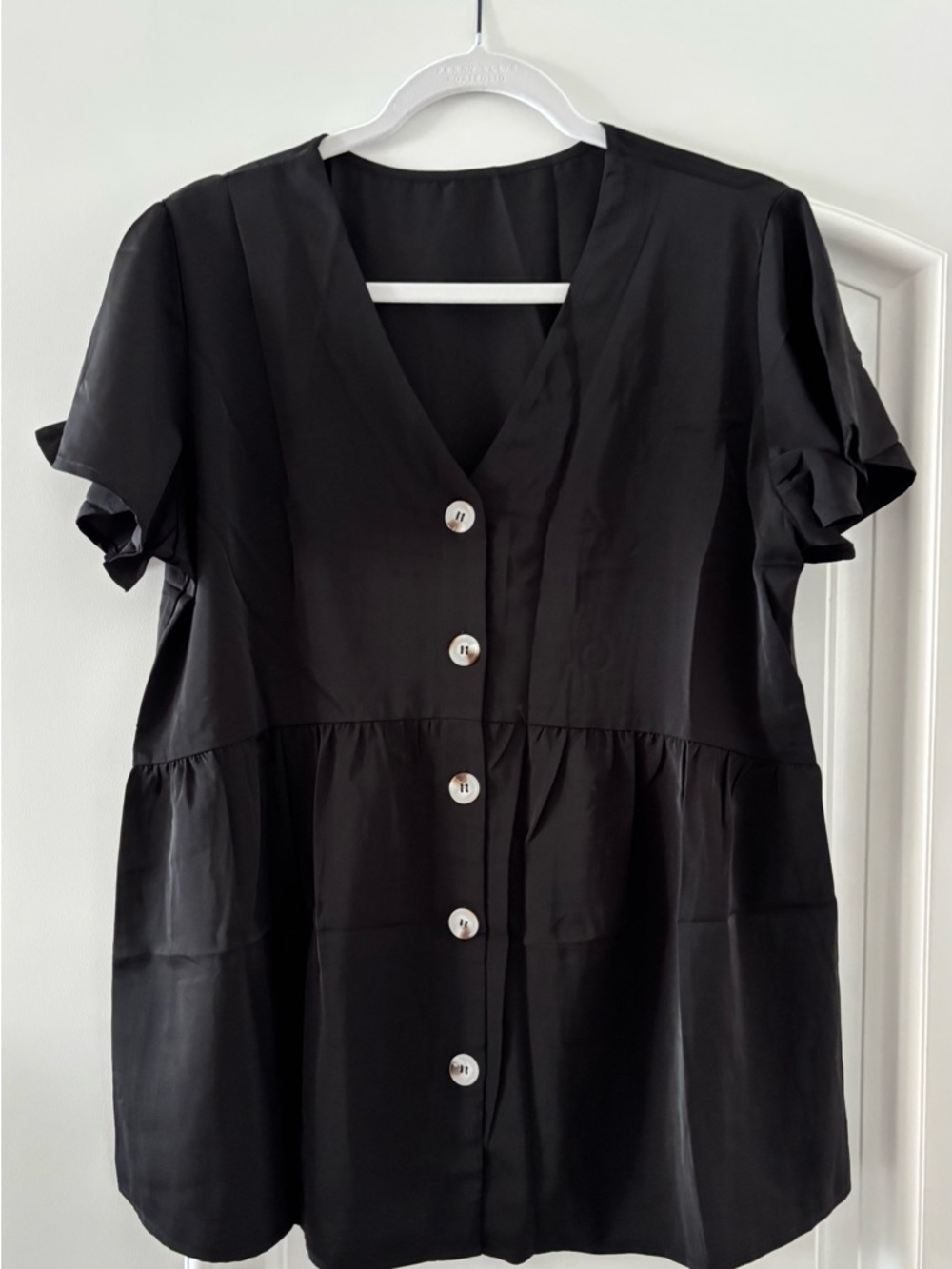 New- Black Button-Front V-Neck Babydoll Top